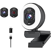 Galyimage 4K Webcam with Ring Light Web Cam 4K Autofocus with TOF Computer Camera 1080P 60FPS Web Camera Built-in Privacy Cover and Microphone Streaming Webcams for Zoom/Skype/Google Meet