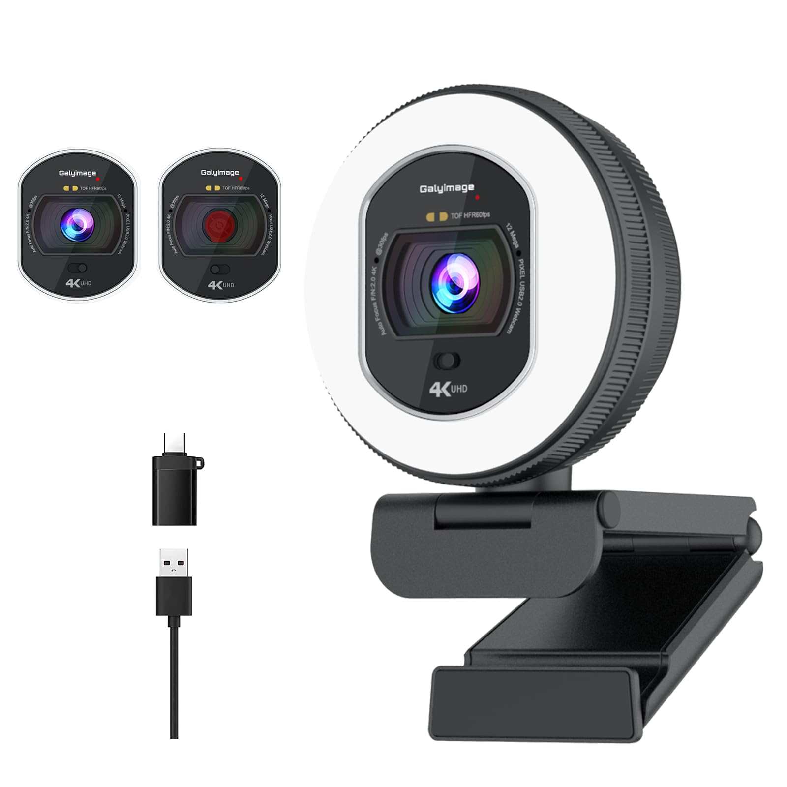 Photo 1 of 4K Webcam with Ring Light Web Cam 4K Autofocus with TOF Computer Camera 1080P 60FPS Web Camera Built-in Privacy Cover and Microphone Streaming Webcams for Switch 2/Zoom/Skype/Google Meet Black