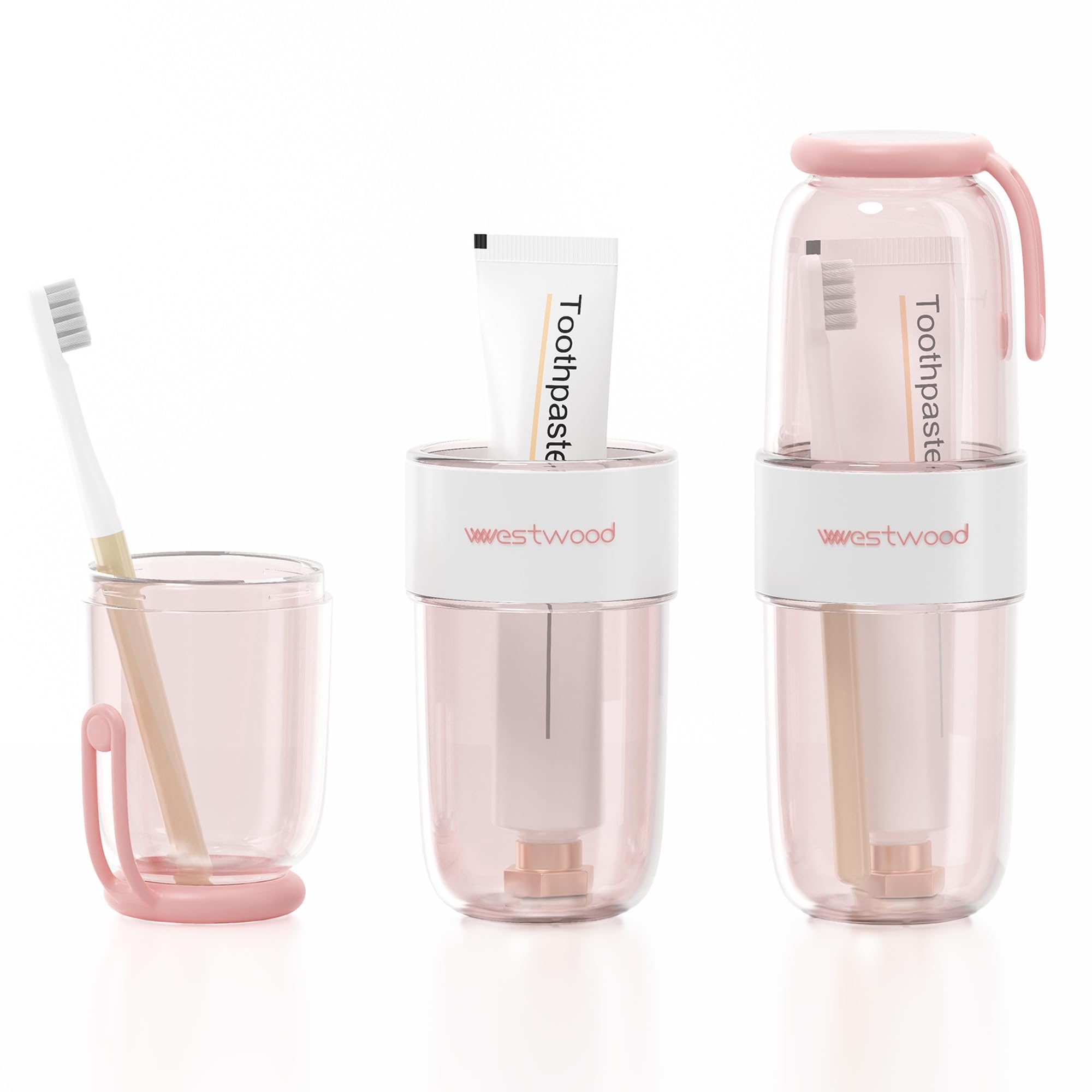 Photo 1 of HyJeryty Luxury Transparent Pink Plastic Travel Toothbrush Holder Case with Cover, Portable Travel Toothbrush Cup, Storage Container for School Camping Business Trip Bathroom