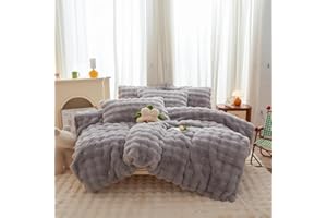 chovy Kids Girls Rabbit Plush Gray Bread Grid Comforter Cover Duvet Cover Twin - 3PC Faux Fur Bed Set Soft Warm Velvet Flannel Fluffy Fuzzy Bedding（Comforter x 1 Pillowcases x 2）