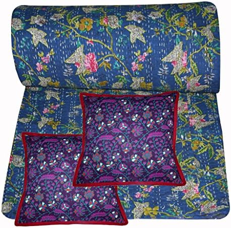 Rajasthani Hand Block Print, Floral Printed Quilt Pure Cotton Decorative, Reversible Kantha Stitch Quilt, Throw, Bed Spread. (King Size)
