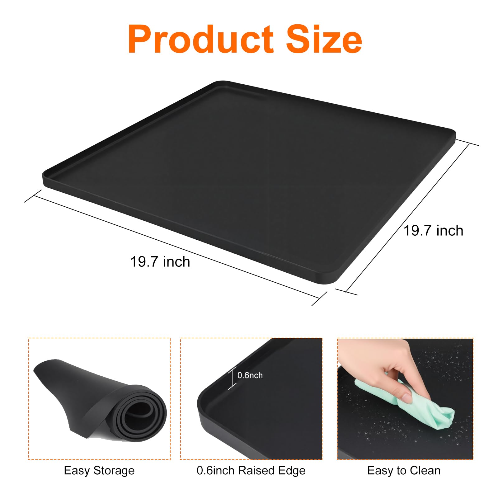 Mini Fridge Mat, 19.7x19.7x0.6 Inch Non-Slip Thick Under Refrigerator Silicone Mat, Leak-Proof Washer Drip Tray for Carpet Floor Protection, Black