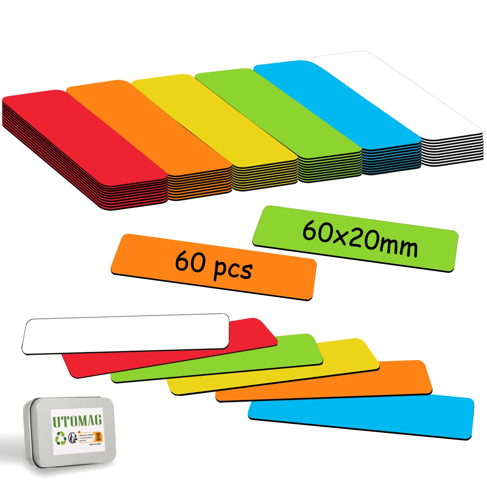 UTOMAG 60 PCS Magnetic Strips, Writable 60X20mm, Dry Erase Labels for Whiteboard, Magnetic Board, Fridge