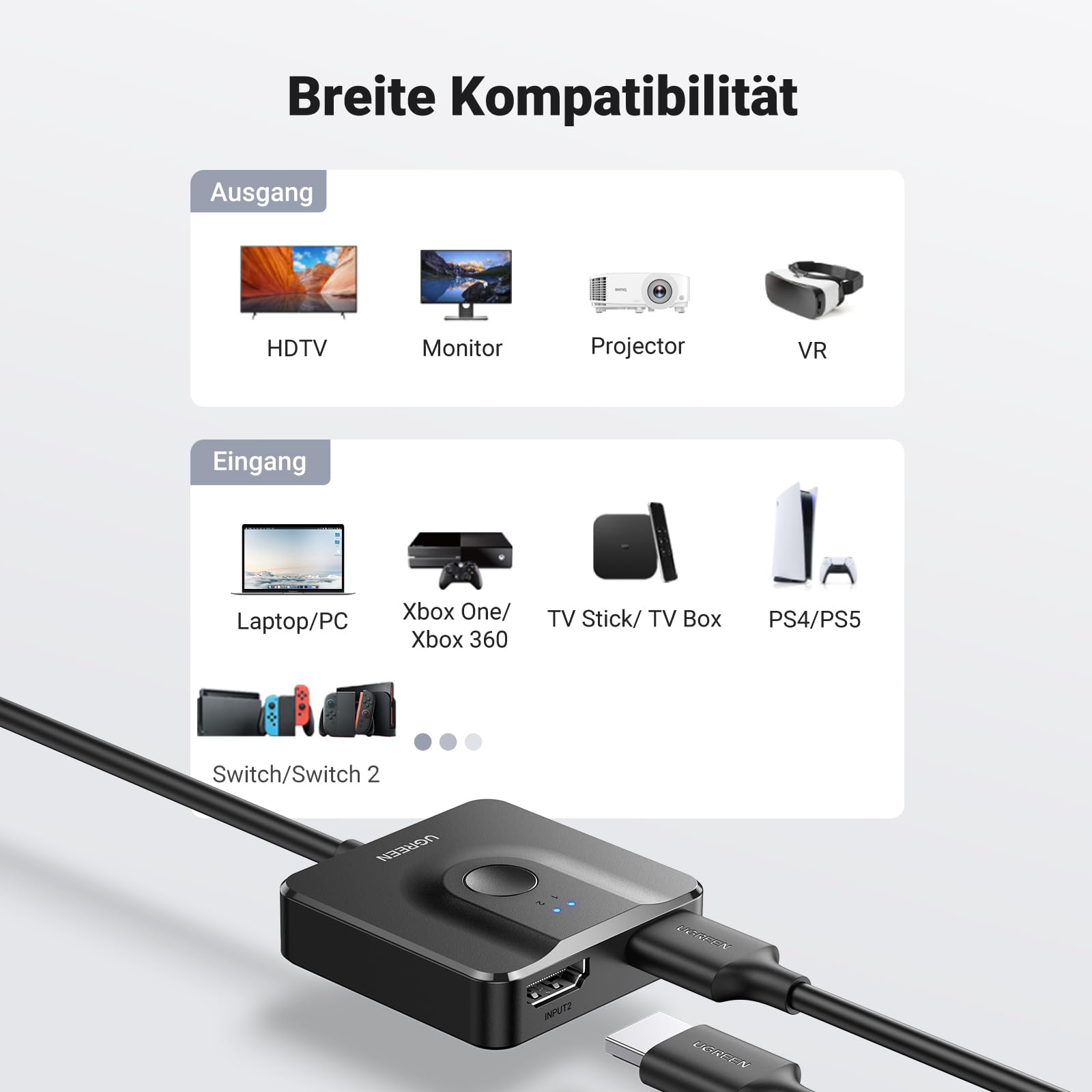 UGREEN HDMI Switch 4K 60Hz HDMI Splitter 2 in 1 Out oder 1 in 2 Out Verteiler Bidirektional HDCP 2.2 3D HDR CEC für PS5/4, Xbox, TV, PC, Monitor, Projektor usw. 7