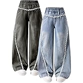 Nivne Tco Tween Girls 2 Pack Jeans, Trendy Wide Leg Elastic Waist Denim Pants with Lace Trim Design Kids Casual Trousers