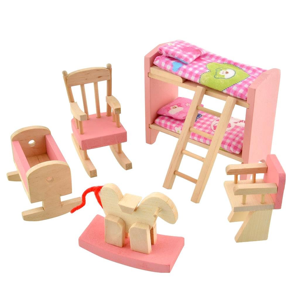 Wooden Doll House Furniture Set,Miniature Bathroom/Kid Room/Kitchen House Nursery House Furniture Dollhouse Decoration Accessories for Kids Toddlers Children Pretend Role Play Toy By Peradix(Bunk Bed)