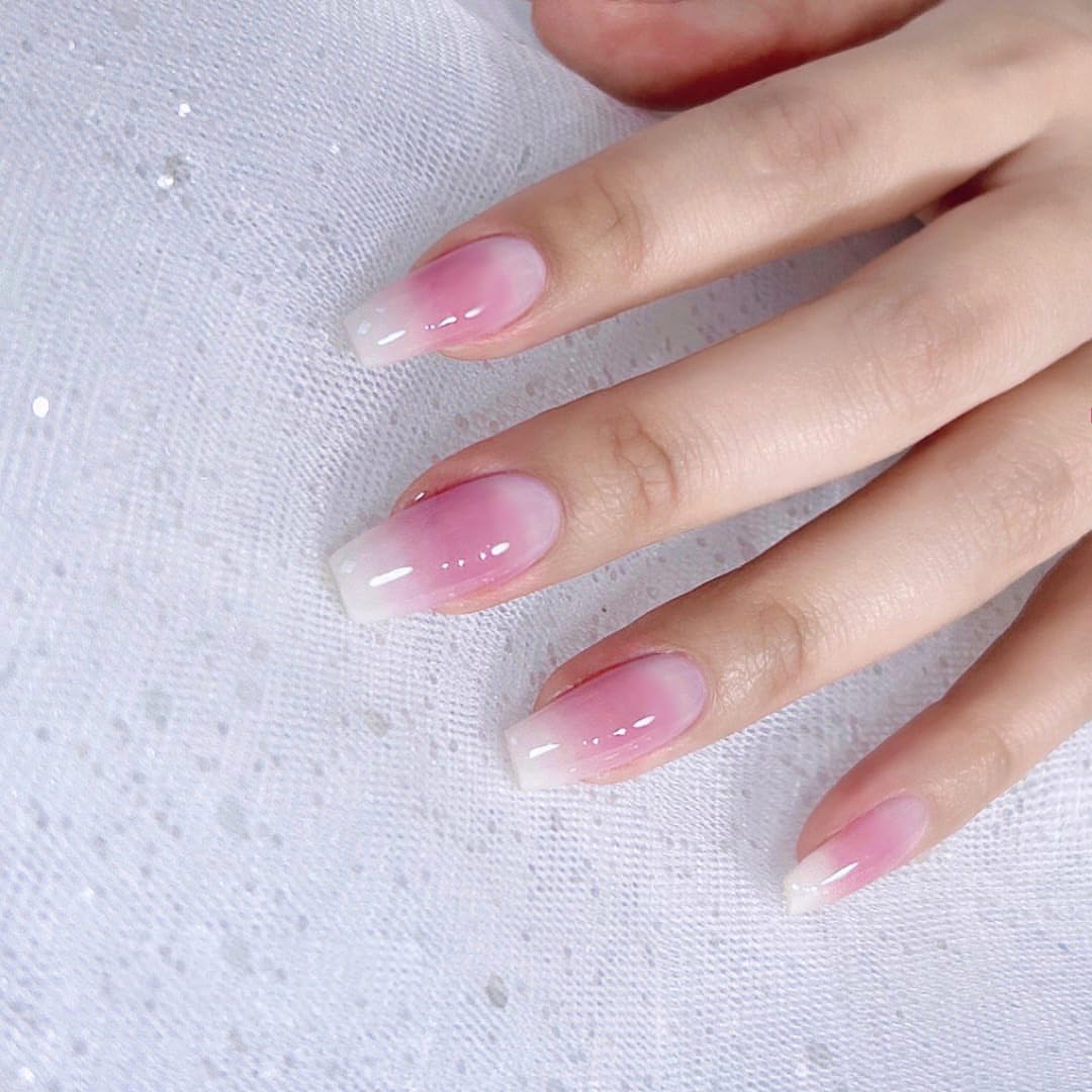 Sethexy Nude Pink Gradient Fake Nails Medium Ballerina Press On Nails Glossy Simple False Nails for Women and Girls 24PCS (2)