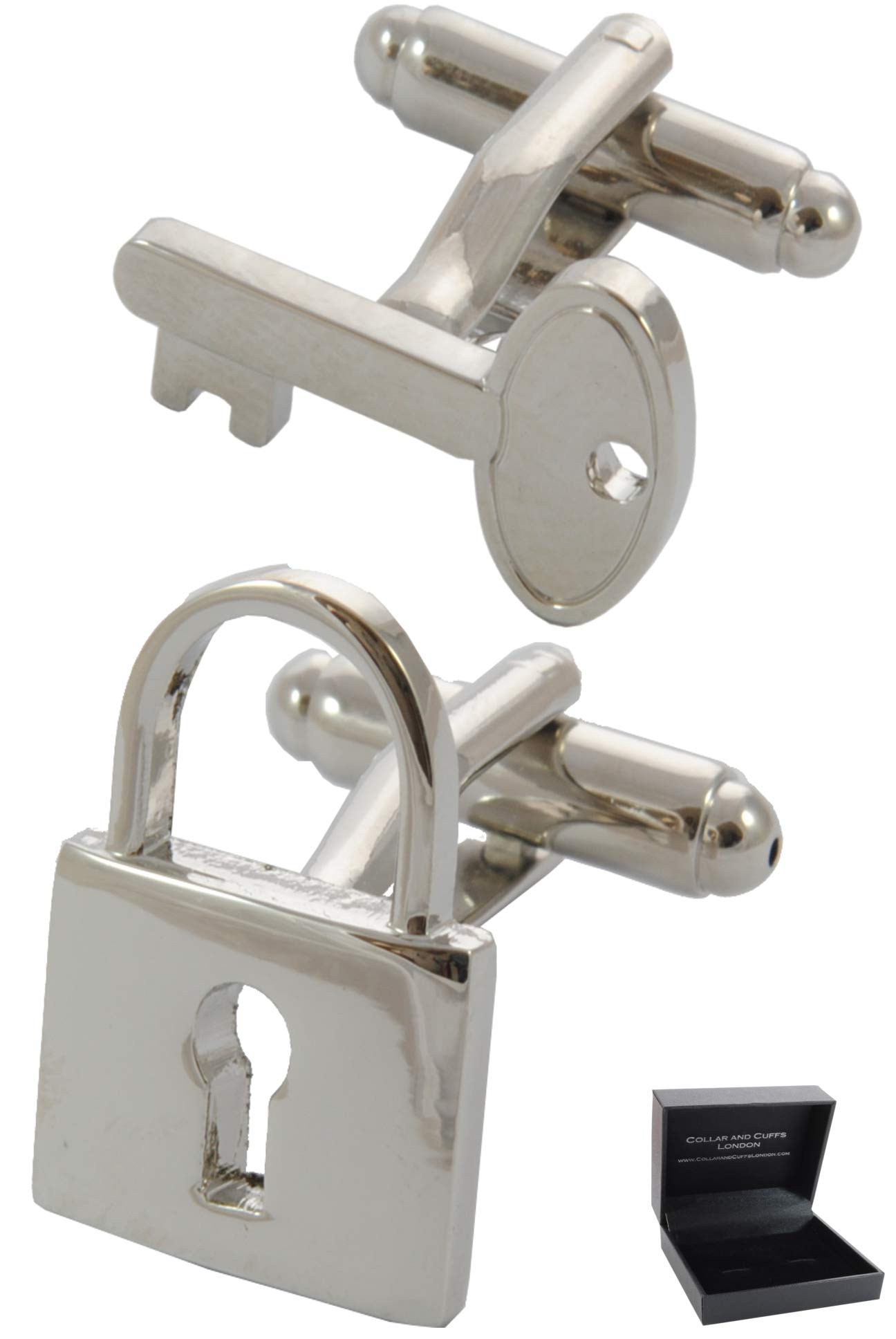 Cufflinks for Men + Presentation Box - Silver Colour - Padlock and Key - Brass Metal - Lock Locksmith Love - Key to the Door 21st Birthday Present 21 - One Pair