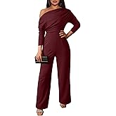 YMDUCH Women's Fall Elegant Long Sleeve Off Shoulder Wide Leg Long Pant Jumpsuits