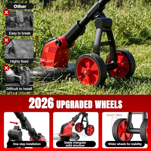 20000 RPM Electric Weed Wacker with Wheel,12″ Brushless Cordless Weed Eater Battery Powered, 4-in-1 Brush Cutter/String Trimmer/Grass Edger/Lawn Mower,Stringless Weed Trimmer 2 Battery (Red)