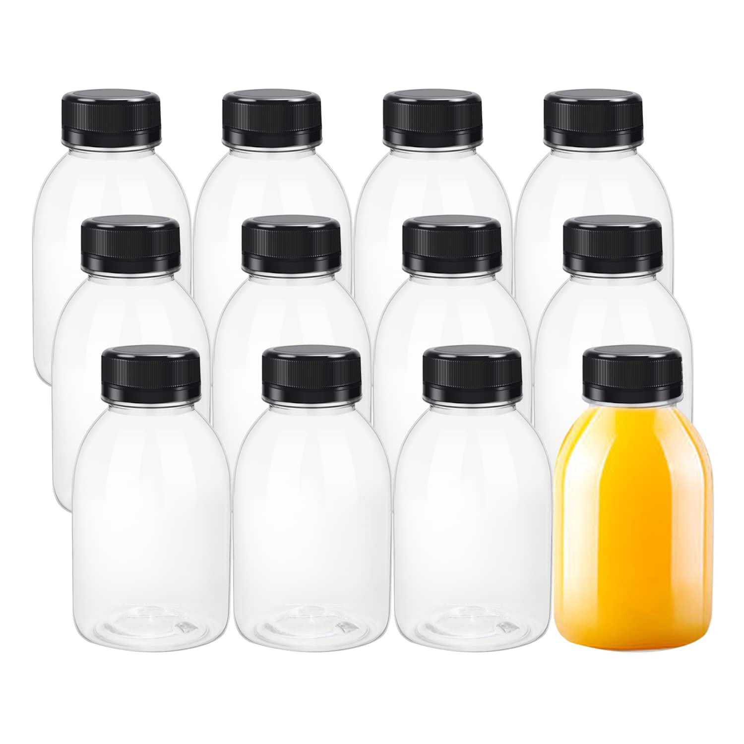 YBCPACK 12 Pack 8oz/250ml Plastic Juice Bottles with Tamper Seal Lids,Empty Reusable Bottles for Mini Fridge, Smoothie, Juice, and Other Beverages