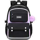CYOQX School Backpack for Girls Cute Backpack Elementary Middle School High School Teenage Girls Schoolbag (Black Purple)