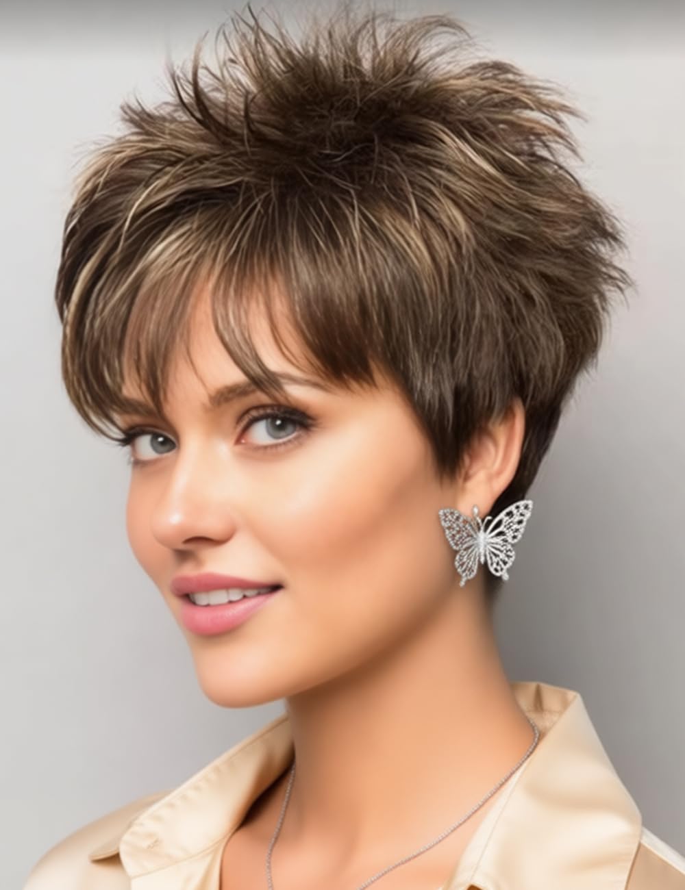 Photo 1 of TISHINING Short Hair Wigs for White Women Brown Mix Blonde Highlights Pixie Cut Wig with Bangs Natural Layered Heat Synthetic Hair Wigs for Daily Party Use
