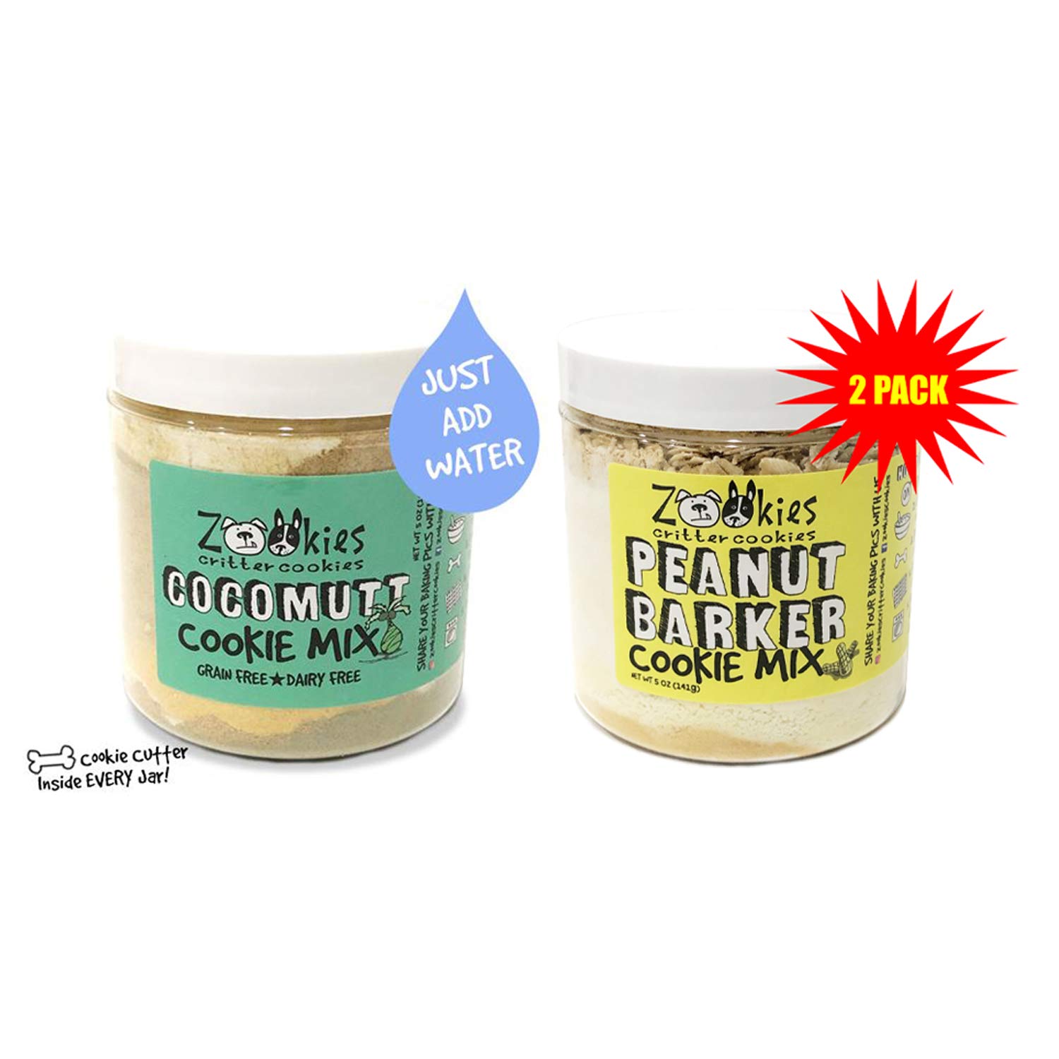 Zookies Cookies Bake at Home Dog Treat Mix 100% All-Natural Organic Pet Biscuits Peanut Butter & Coconut Variety 2 Pack - Peanut Barker/Cocomutt- As Seen on Shark Tank