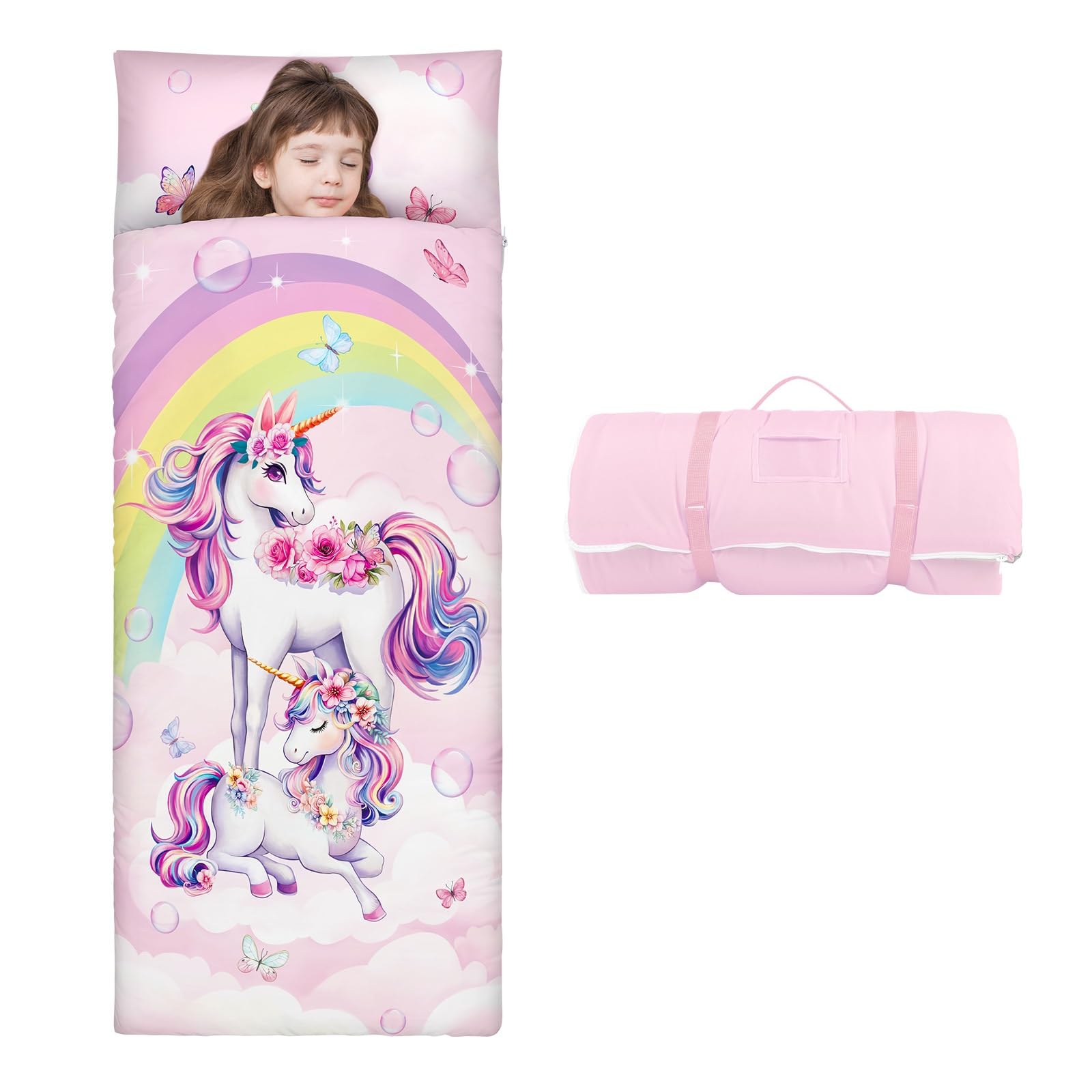 Unicorn Rainbow Sleeping Bag for Girls,Nap Mat for Kids with Removable Pillow,Warm Toddler Slumber Bag for Bedroom Daycare,Gift for Birthday Christmas