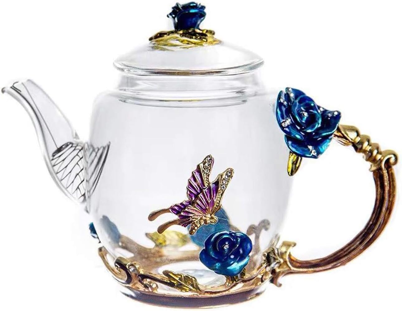 YBK Tech Enamel Glass Teapot in Gift Box, Small Teapot for Kung Fu Tea (Blue Rose)