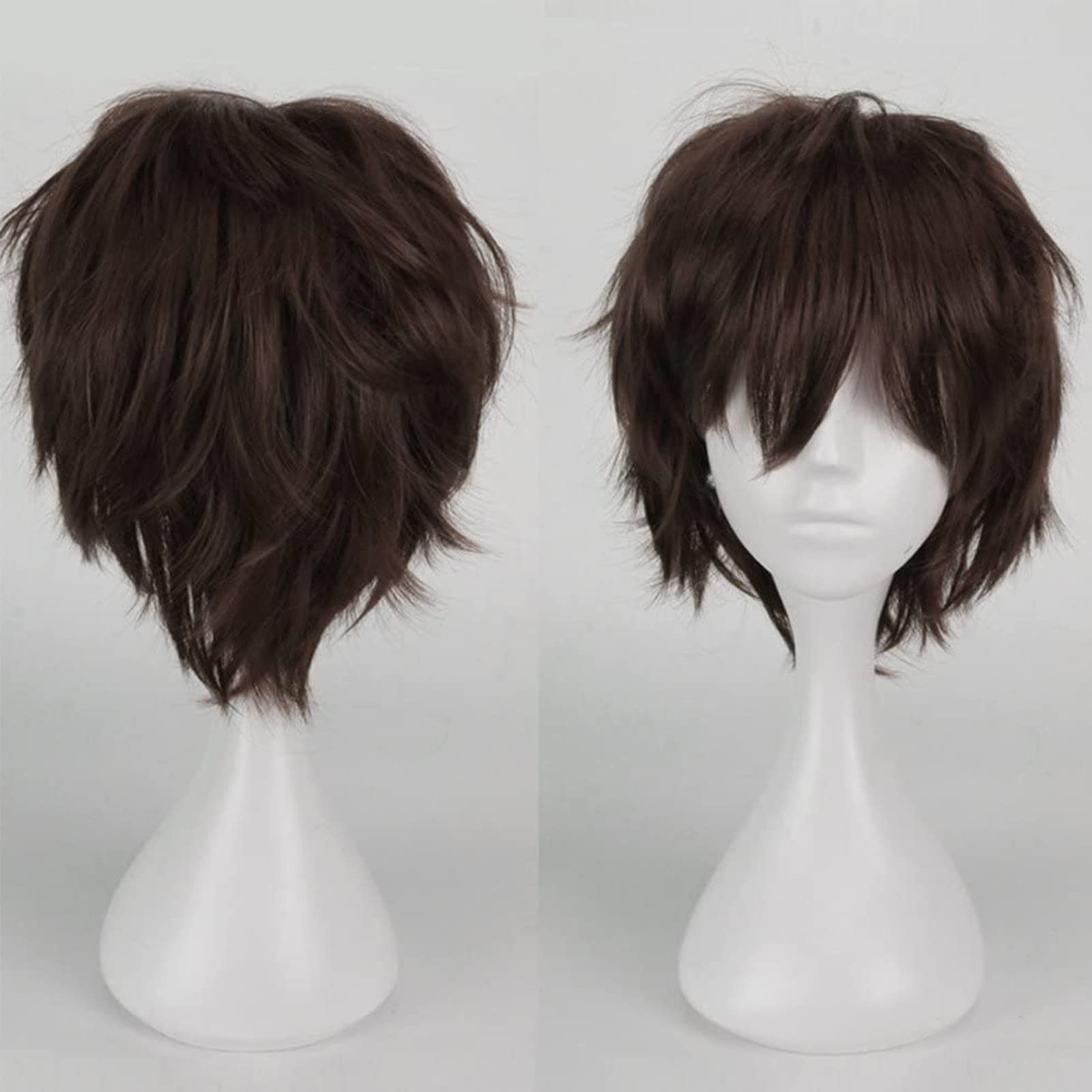 Cybelleza Anime Cosplay Wig - Short Brown Synthetic Curly Straight Layered Fluffy Halloween Costume Party Wig with Free Cap, Dark Brown