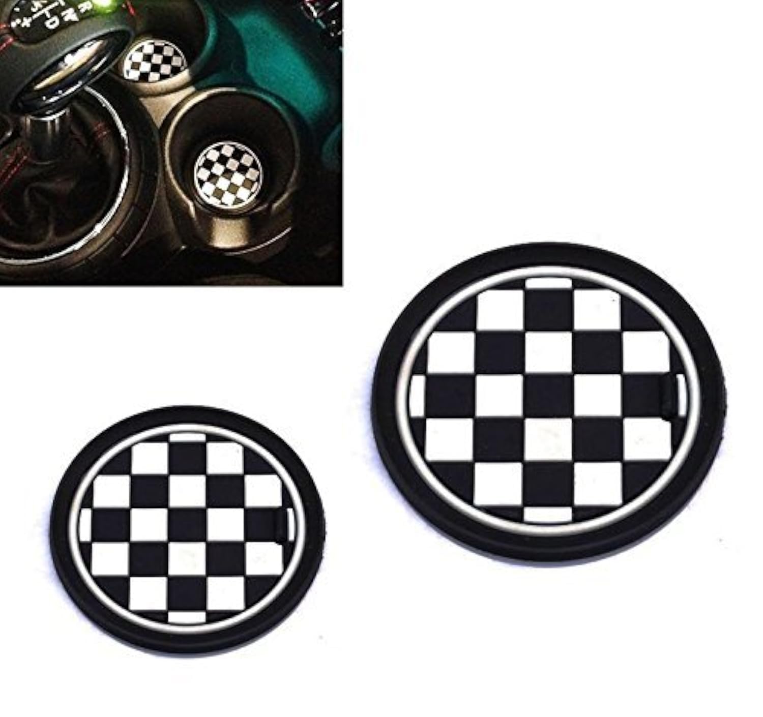 VCiiC (2 73mm Black/White Checkered Checkerboard Pattern Soft Silicone Cup Holder Coasters for Mini Cooper R55 R56 R57 R58 R59 Front Cup Holders