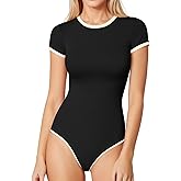MANGOPOP Women's Round Neck Short Sleeve Bodysuit T Shirts Basic Body Suit Tops