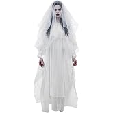 Fourluoo Halloween Spooky White Costume with Veil for Women Halloween Horror Cosplay Haunted Party Supplies