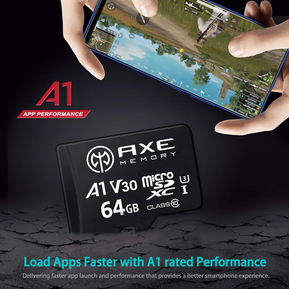 AXE MEMORY 64GB Micro SD Card 4K Ultra Full HD Video High Speed MicroSDXC Up to 95MB/S A1 V30 UHS-I U3, with SD Adapter