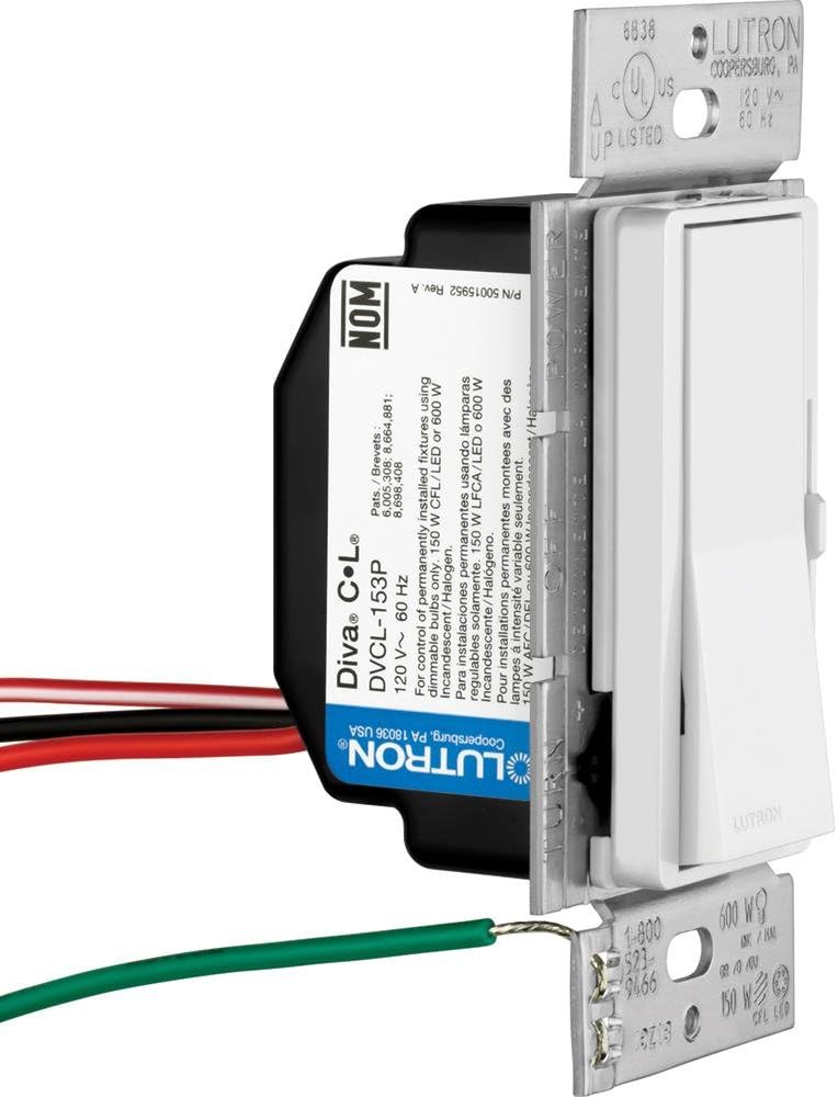 Lutron Diva LED+ Dimmer for Dimmable LED, Halogen and Incandescent Bulbs with Wallplate | Single-Pole or 3-Way | DVWCL-153PH-WH | White - Dimmer Switches - 