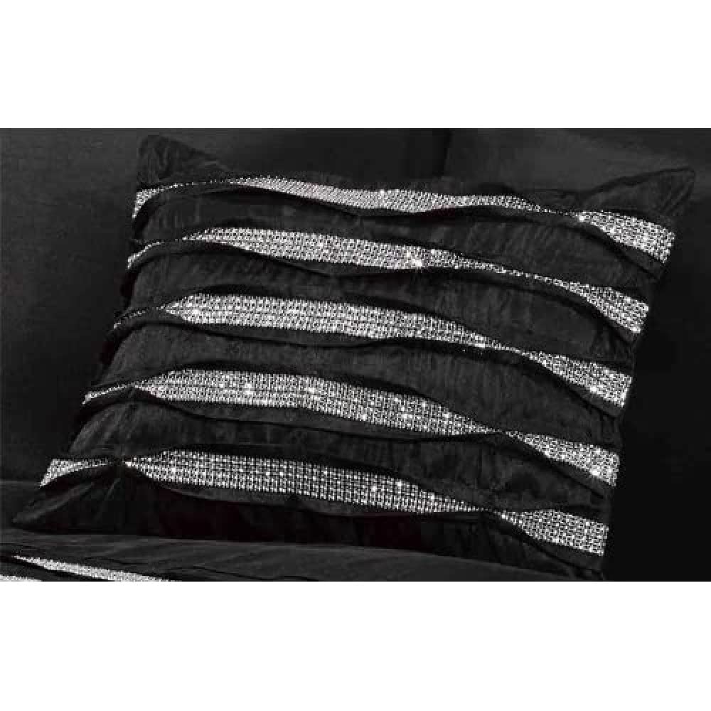 Crystal Diamante Filled New Oblong Cushion Boudoir Pleated Modern, 30 x 40 cm, Polyester, Black, 39.5x29.5x7.5 cm