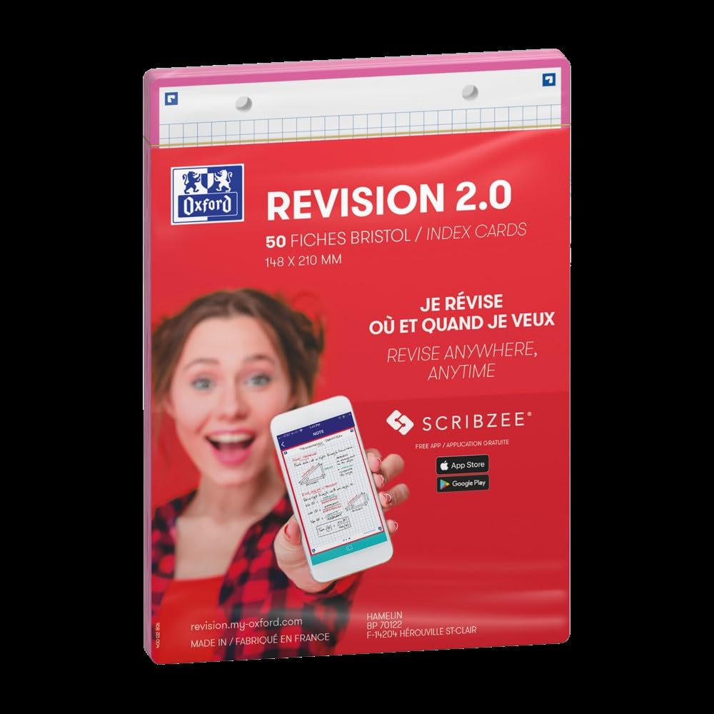 Oxford Revision 2.0 Pack of 50 Cards A5 Size (14.8 x 21 cm) Small Squares on Both Sides – Fuchsia Frame