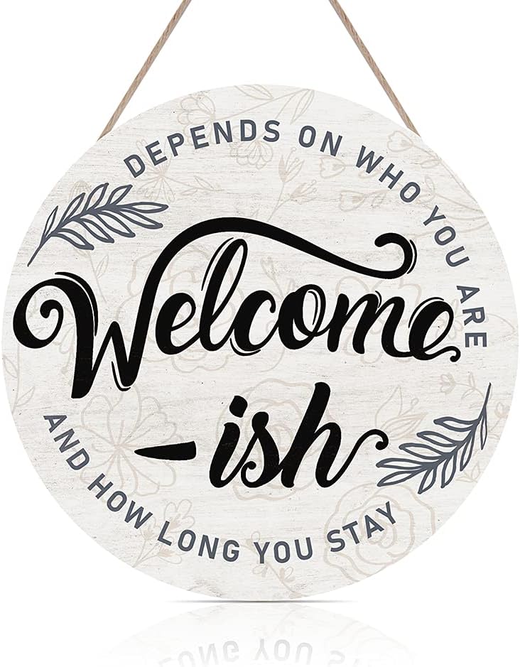 Plaques & Wall Art - Welcome-ish Wood Hanging Sign Plaque, Funny Welcome Quote with Minimalist Leaves Wooden Front Door Hanger, Rustic Outdoor Wall Art for Porch Garden Farmhouse Yard Decor (12''x12'')