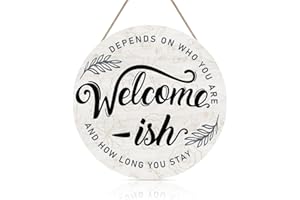 TOARTi Welcome-ish Wood Hanging Sign Plaque, Funny Welcome Quote with Minimalist Leaves Wooden Front Door Hanger, Rustic Outd