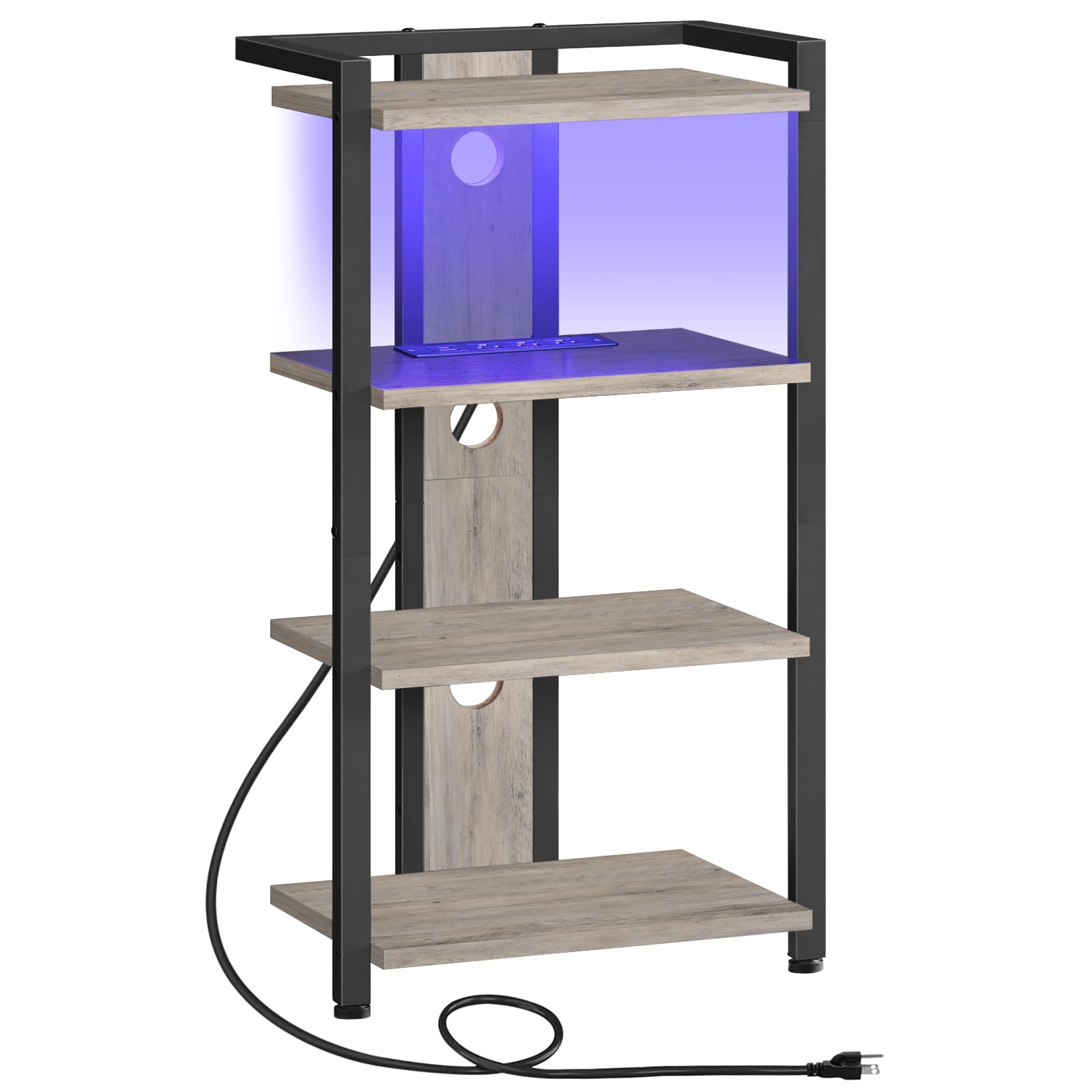 Photo 1 of HOOBRO 4-Tier AV Media Stand, Media Console with Charging Station and LED Light, Wooden Stereo Cabinet, Corner TV Stand, Record Player, Entertainment Device Stand, BG38UDCJ01