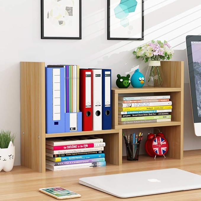 Desktop Telescopic Storage Bookshelf, Wooden Bookcase