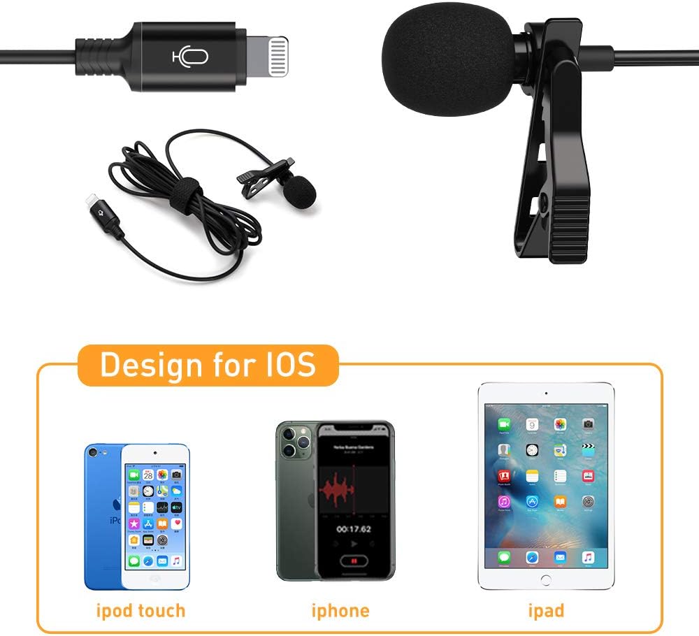 Microphone Professional for iPhone Lavalier Lapel Omnidirectional Condenser Mic Phone Audio Video Recording Easy Clip-on Lavalier Mic for Youtube, Interview, Conference for iPhone/iPad/iPod（IOS 6.6ft）: Musical Instruments