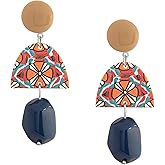MINACHI Boho Chic Geometric Drop Earrings, Vibrant Multicolor Pattern with Navy Accent Beads & Glossy Studs, Jewelry Gift for Women