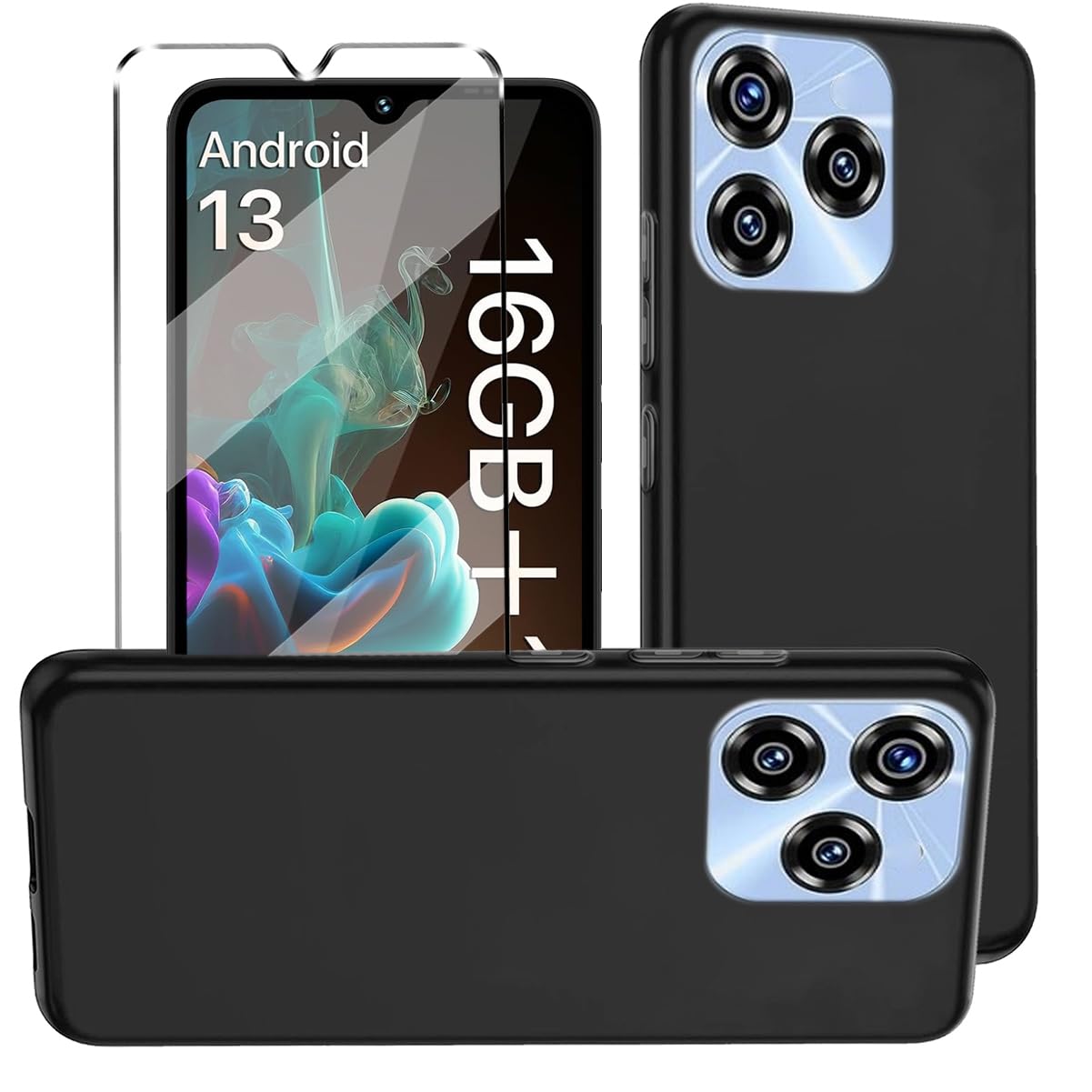 HuiYouMY 2-in-1 Case Compatible with UMIDIGI A15T Cover with 1 Pack Tempered Glass Screen Protector for UMIDIGI A15T, Slim Fit Soft TPU Shockproof Anti-Scratch Phone Case Cover - Black