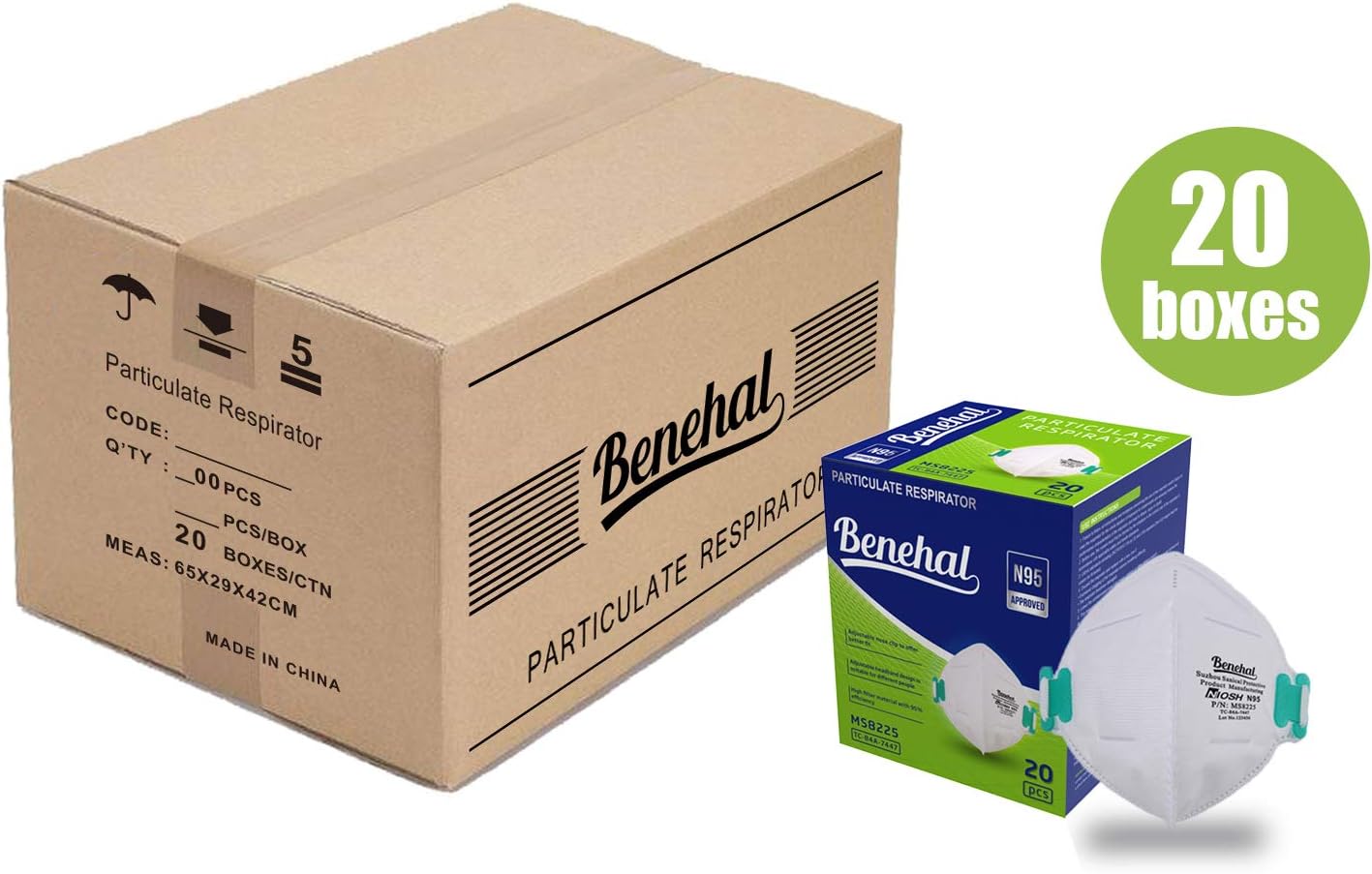 Benehal Disposable Dust Mask,N95 mask-NIOSH Certified-Multi-Layer Protection for Construction,Mowing,Emergency Kits (MS8225-20 boxes)