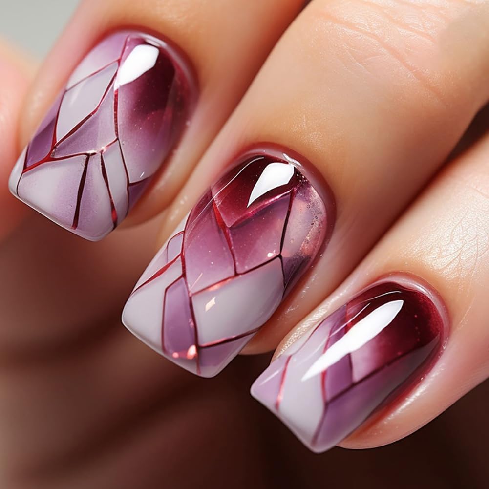 Photo 1 of 24Pcs Square Press on Nails Medium Fake Nails with Glossy Full Cover False Nails and Wine Red Broken Glass Pattern Acrylic Nails for Women Manicure