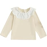 Toddler Kids Girls Long Sleeve T-Shirt Peter Pan Collar Lace Patchwork Ribbed Tops Fall Clothes for Casual Daily