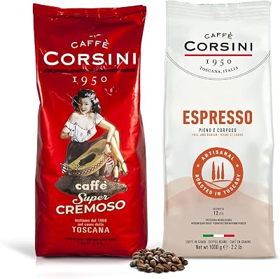 Caffè Corsini - Set Café en Grains Espresso à Maison Comme au Bar, Goût Intense, 2x1kg, 2kg Total