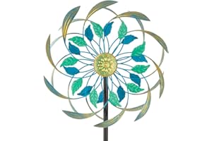 Sunnylight Metal Wind Spinners Outdoor,13'' Dia Green Double Wind Spinner & Sculpture,Waterproof Garden Windmill for Yard Art Decorations