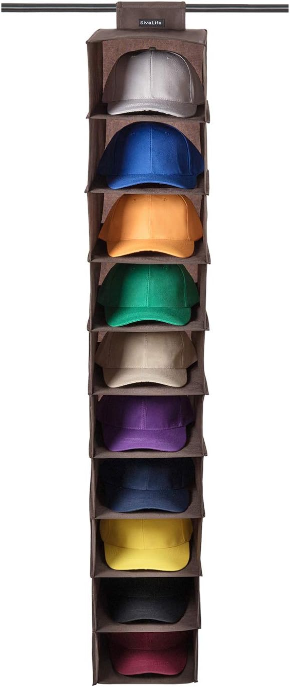 SivaLife Hat Rack,10 Shelf Hanging Closet Hat Organizer- for Hat Storage& Protect Your Caps- Easy Hat Holder & Baseball Cap Organizer (Brown)