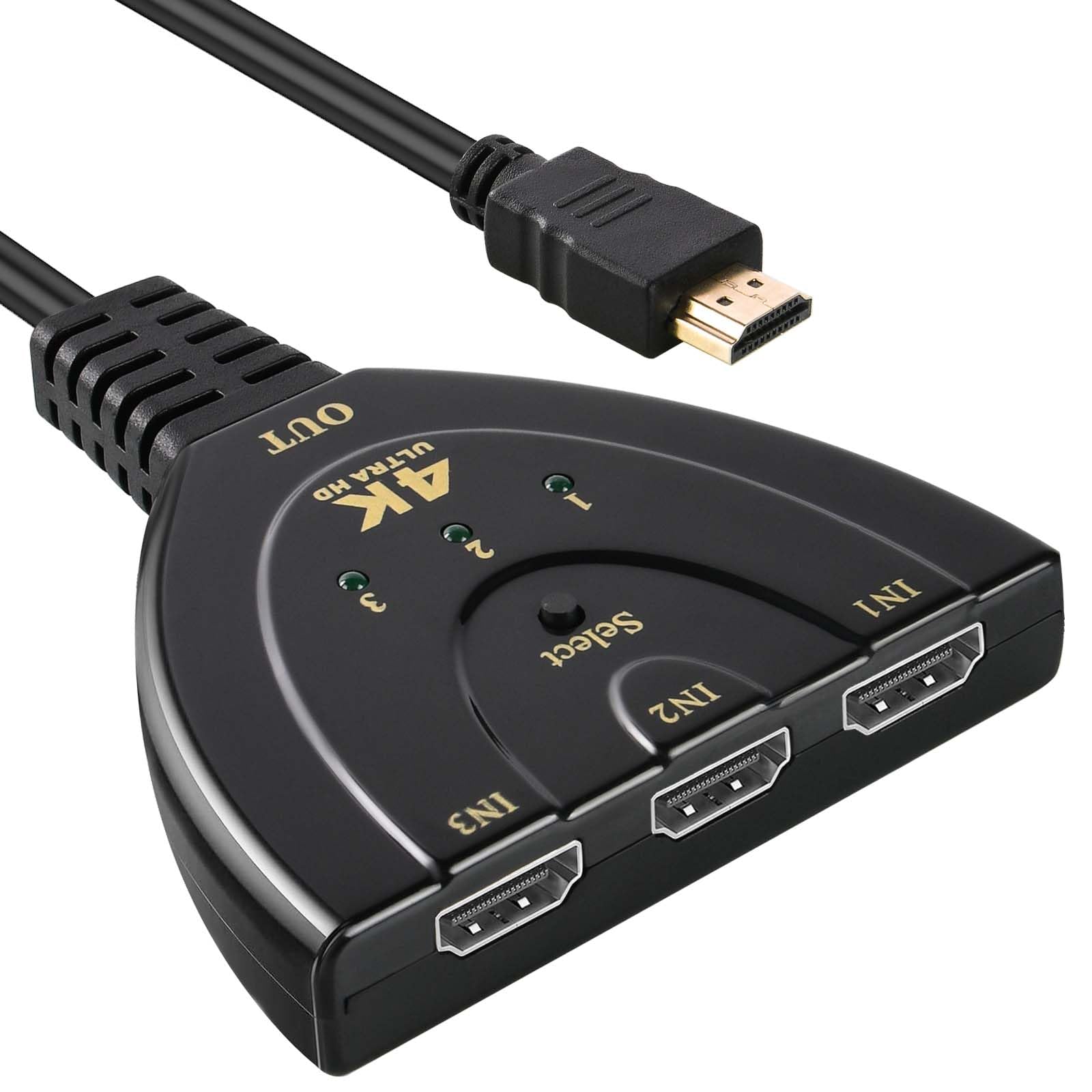 AXFEE 4K HDMI Switch - 3-Port HDMI Switcher/Splitter with High-Speed Cable, Supports 4K@60Hz 3D HD1080p UHD HDCP 2.2 for Xbox PS3/4/5 Sky Box Firestick DVD Blu-ray Player