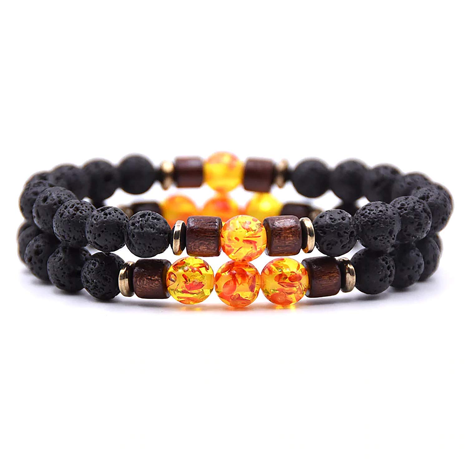 Leuchtbox Stylish lucky bracelet chain for men and women unisex natural lava stone volcanic stone natural stone wooden beads elastic band set of 2 yellow