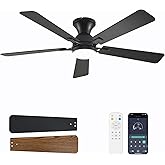 Dolavast Ceiling Fans with Lights, 52 Inch Low Profile Ceiling Fan with Light and Remote Control, Flush Mount, Reversible, 3CCT, Dimmable LED, Quiet, Black Ceiling Fan for Bedroom, Living Room
