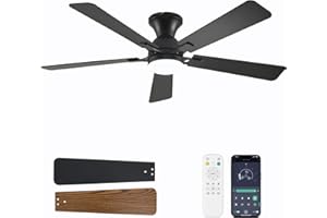 Dolavast Ceiling Fans with Lights, 52 Inch Low Profile Ceiling Fan with Light and Remote Control, Flush Mount, Reversible, 3CCT, Dimmable LED, Quiet, Black Ceiling Fan for Bedroom, Living Room