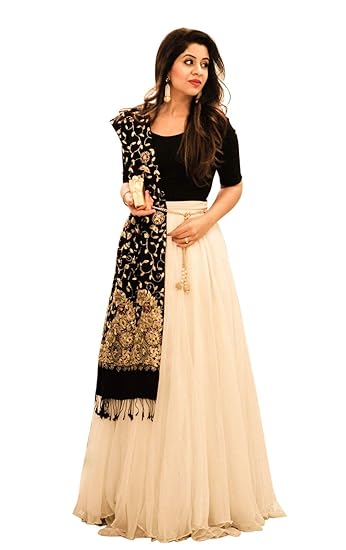 Womens Georgette Lehenga Choli (YF-11, Black and Cream, 40 W x 30 L)