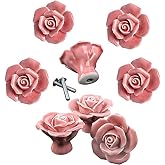DLD Knobs, 8Pcs Elegant Pink Rose Pulls Flower Ceramic Cabinet Knobs Cupboard Drawer Pull Handles + Scre.