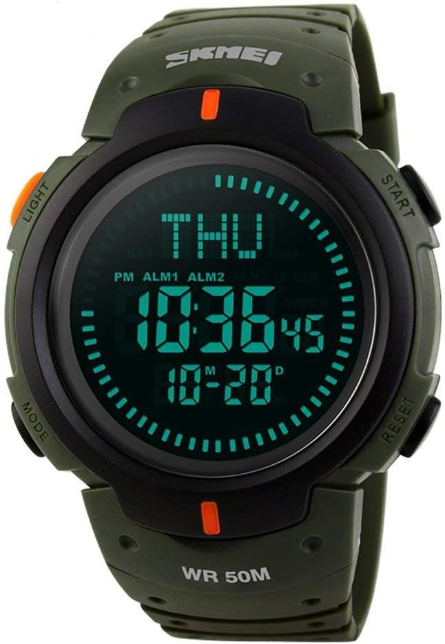 KAUO Compass Men’s Military Digital Watch with Multiple Alarms Time Zones LED Backlight Large Face 50M Waterproof Stopwatch Countdown Timer Wristwatch, Army Green