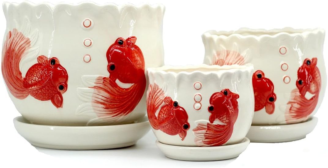 Mecai Set of 3 Medium Sized Ceramic Fish Planter Home/Garden Modern Orchid Flower Planter pots with Saucer/Tray