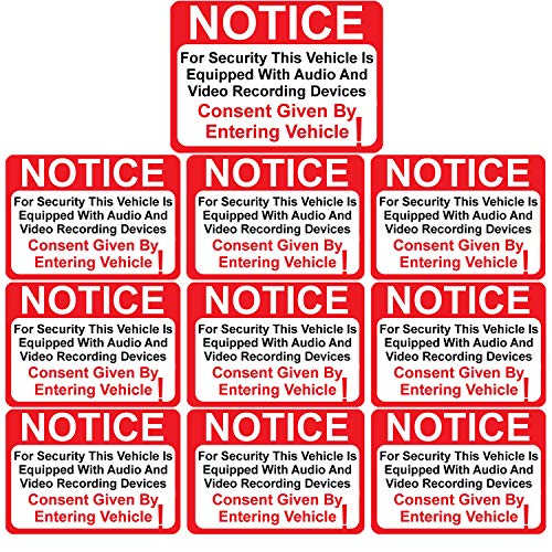 10 Pack Notice Vehicle is Equipped with Audio and Video Recording Devices Consent by Entering Sticker - Self Adhesive 2½ X 3½" 4 Mil Vinyl Decal - Indoor & Outdoor Use - UV Protected & Waterproof